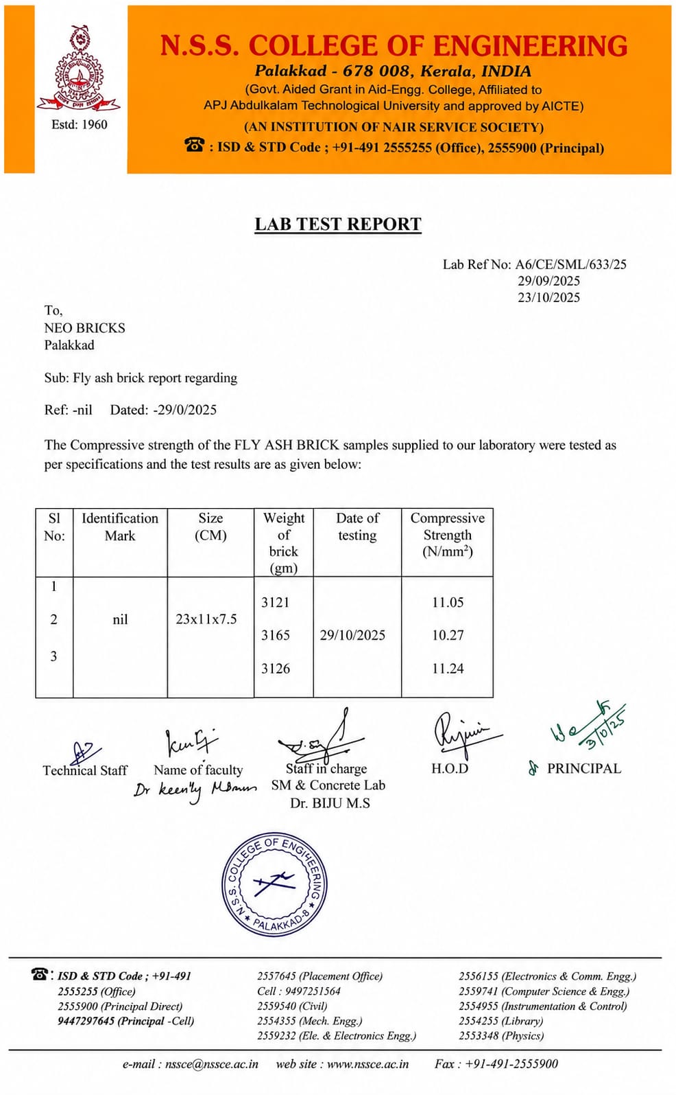 Neo Bricks fly ash brick laboratory test report from NSS College of Engineering, Palakkad